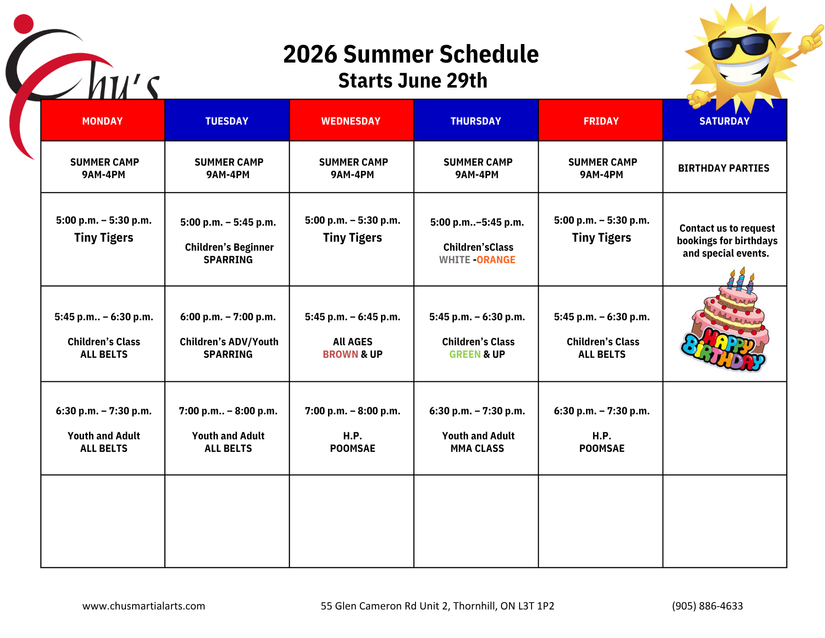 Schedule | Chus Martial Arts - Thornhill