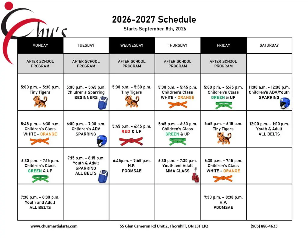 Schedule | Chus Martial Arts - Thornhill